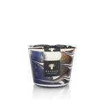 A Baobab Delta Nil scented candle in a hand-blown glass container with marbled blue and white patterns against a black background.