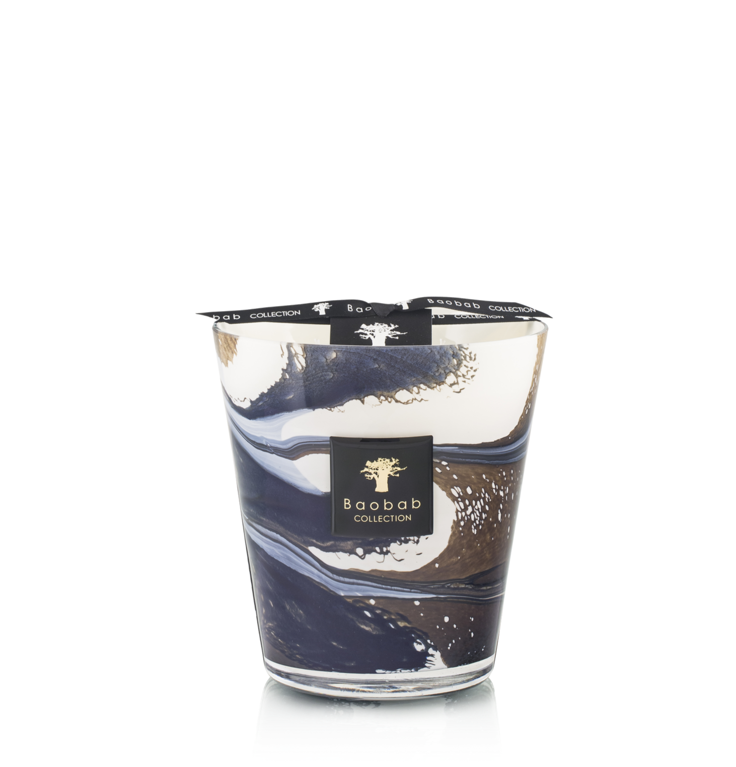 A Baobab Collection Delta Nile candle in a hand-blown glass jar with swirling blue and white design, displayed against a black background.
