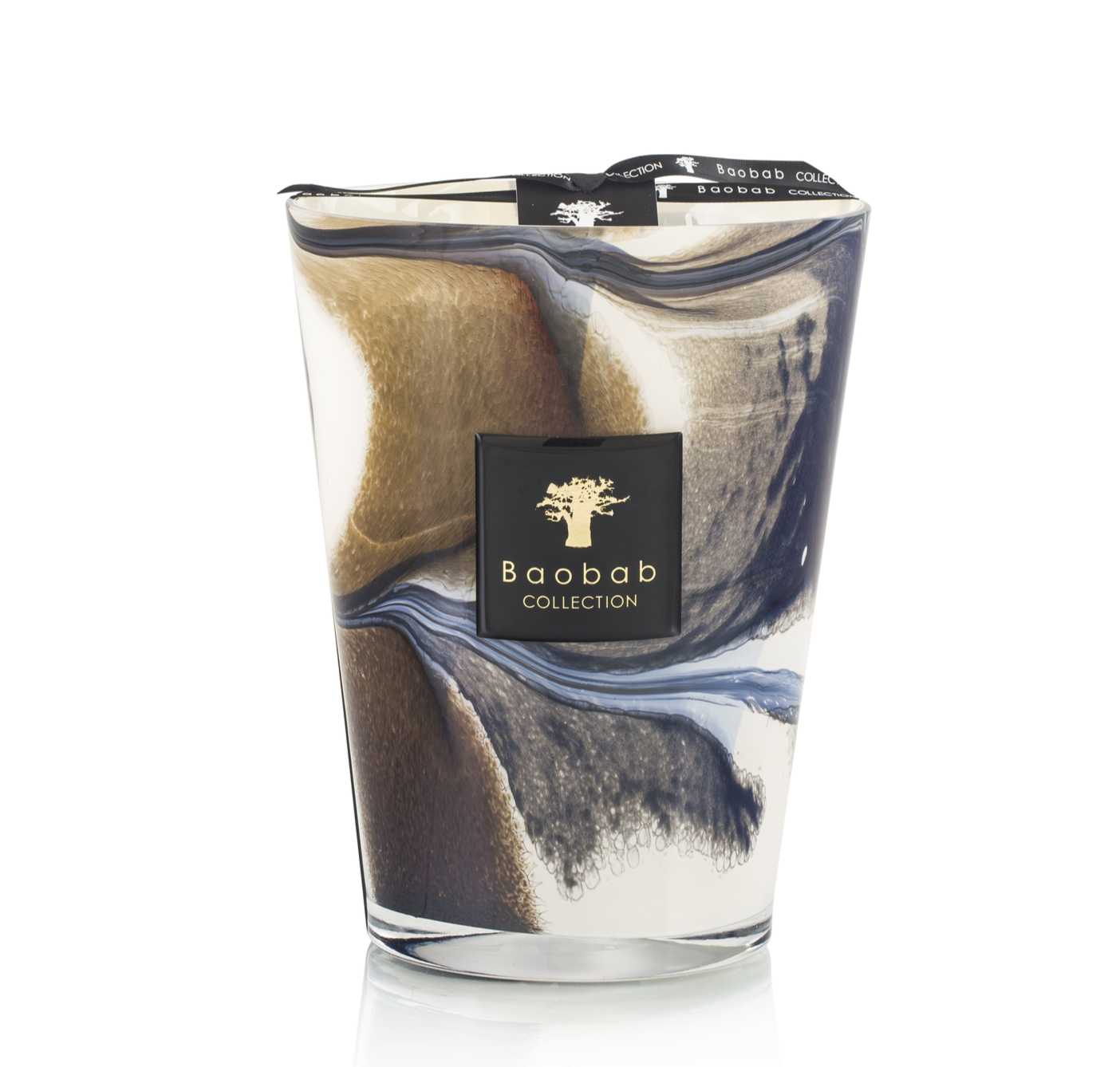 A decorative Baobab Collection Delta Nil candle in a glass container with swirling blue and white patterns, isolated against a black background.