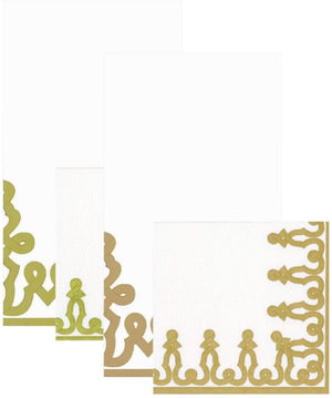 Three Caspari Dessin Passementerie Collection paper linen napkins with ornate gold and green looping borders are stacked in partial overlap. These compostable napkins offer both elegance and eco-friendly convenience.