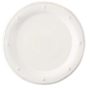 A round white ceramic dinner plate from the Juliska Berry & Thread Classic Whitewash Dinnerware Collection, featuring a raised dotted pattern and rope-style border.