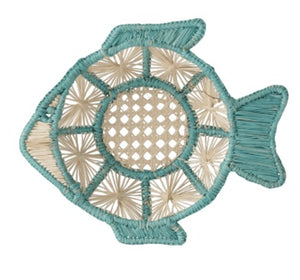 Fish-shaped woven placemat with teal and natural fibers and an open lattice center—pairs perfectly with the Small Rosita Fish Bread Basket by Mercedes Salazar.