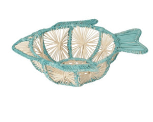 The Small Rosita Fish Bread Basket by Mercedes Salazar is a woven, fish-shaped basket in blue and natural hues with teal raffia accents, bringing playful charm to any table setting.