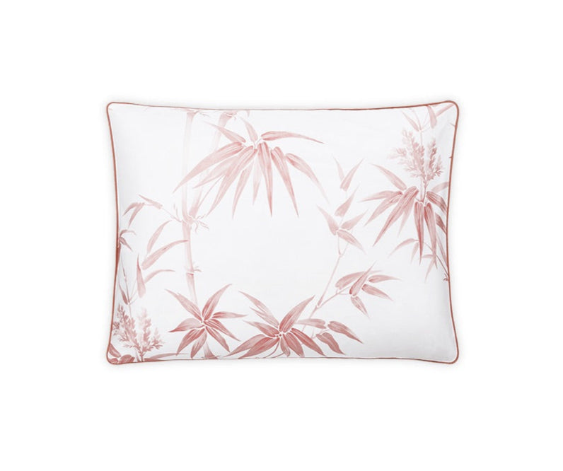 The Dominique Bedding Collection, Blush by Matouk is a rectangular white pillow with a pale pink bamboo design and matching border, crafted from OEKO-TEX® certified Egyptian cotton percale for luxurious comfort.