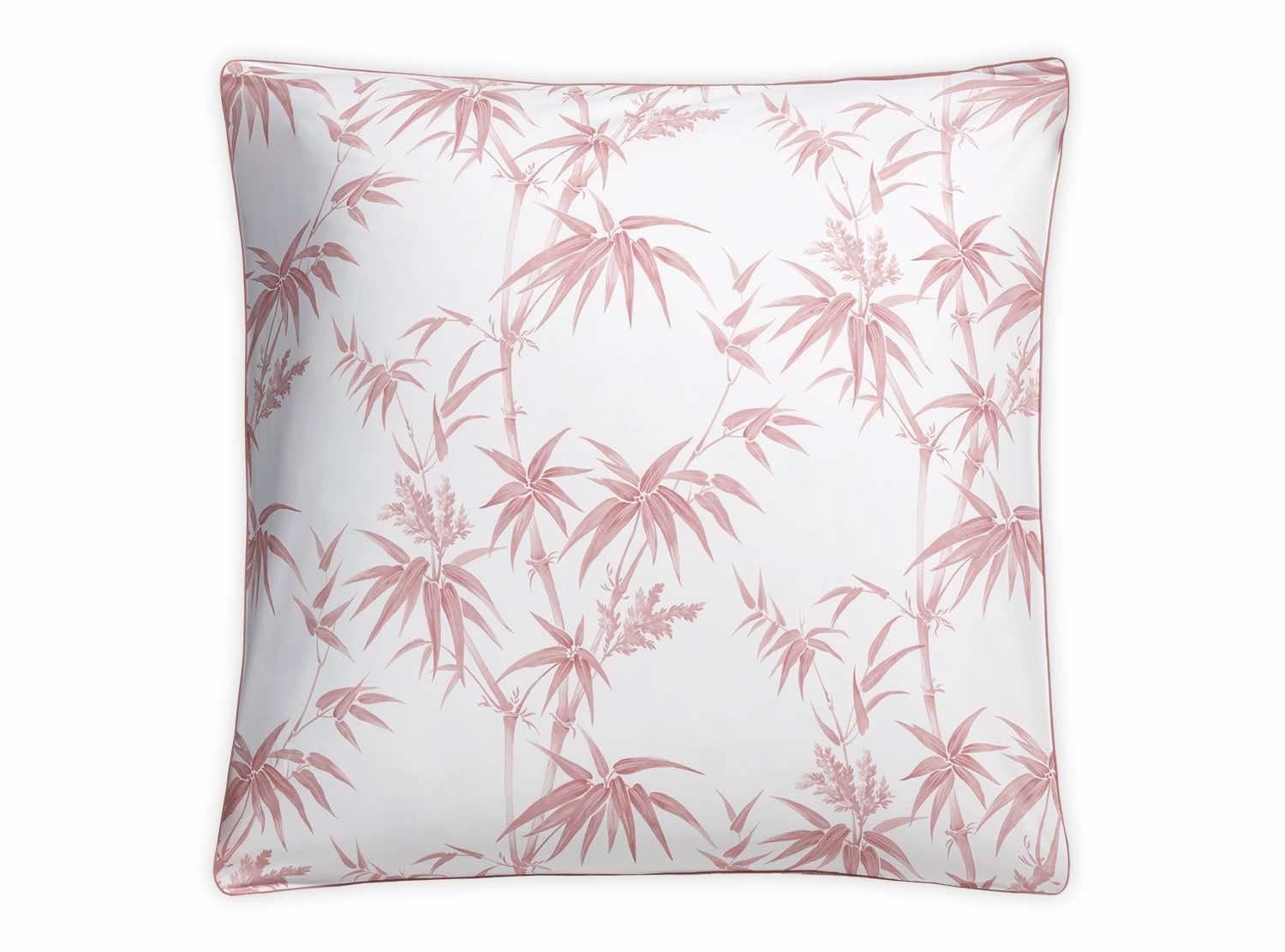 The Dominique Bedding Collection, Blush by Matouk features a square pillow with a pink bamboo and branch pattern on white, crafted from soft Egyptian cotton percale and OEKO-TEX® certified for quality and safety.