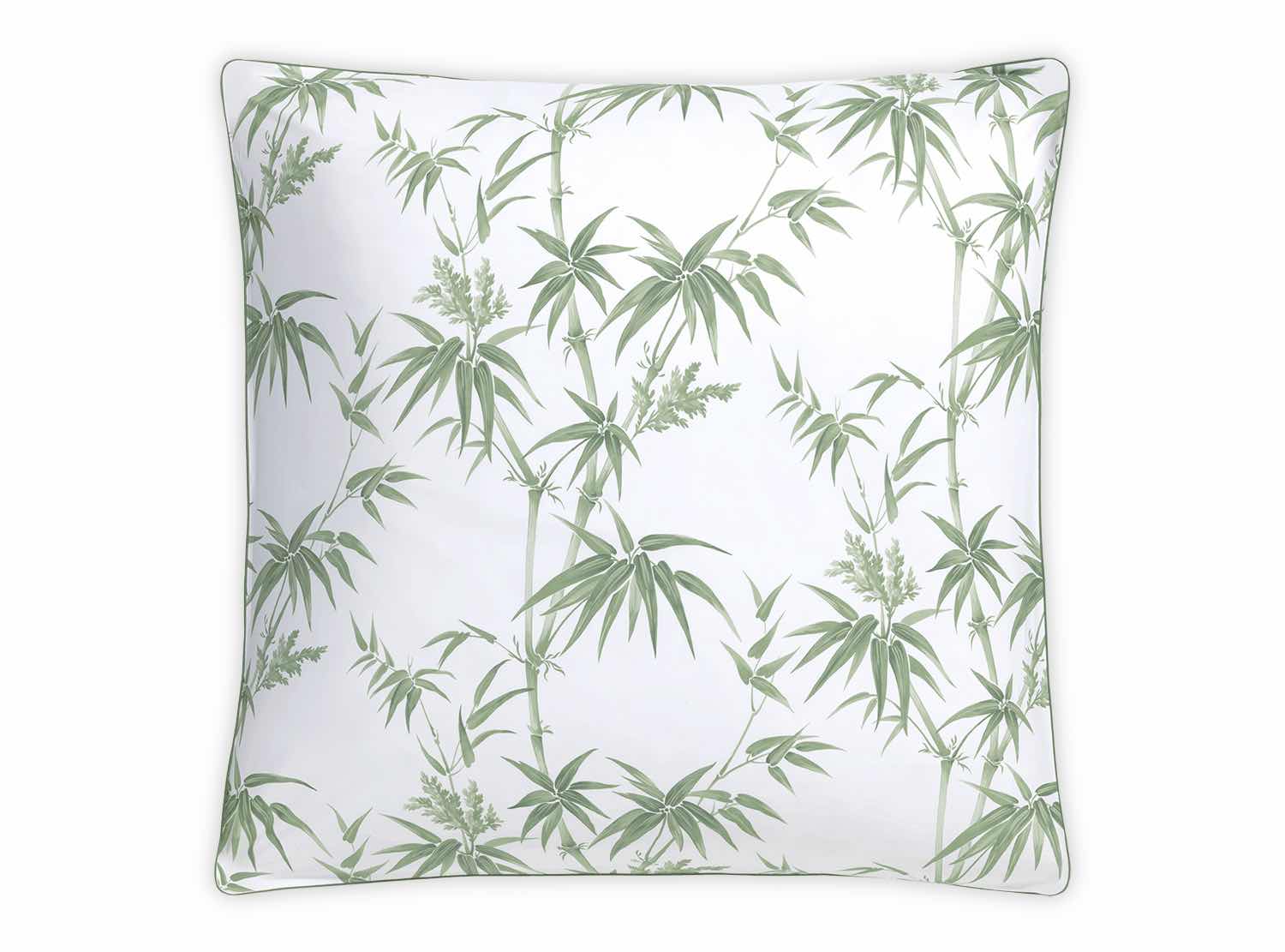 The Matouk Dominique Bedding Collection, Palm, features a square throw pillow with a white background and green tropical bamboo leaf pattern, crafted from soft Egyptian cotton and OEKO-TEX Standard 100 certified.