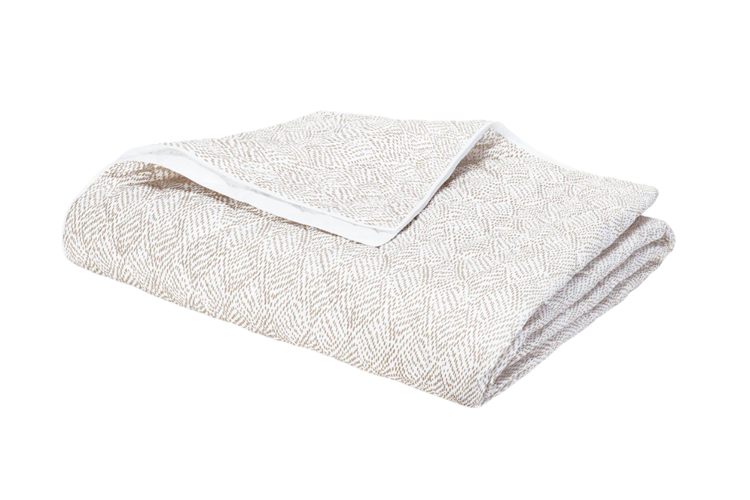 The Duma Diamond Bedding Collection in Dune by Matouk features a beige and white harlequin-patterned blanket, crafted from soft Egyptian cotton percale, shown on a plain white background.