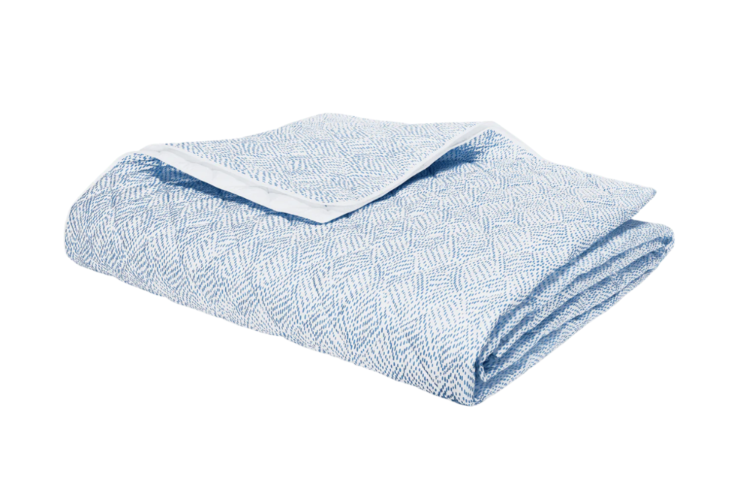 The Matouk Duma Diamond Bedding Collection in Sky, made from OEKO-TEX® certified Egyptian cotton, features a light blue and white geometric design and is displayed folded against a white background.