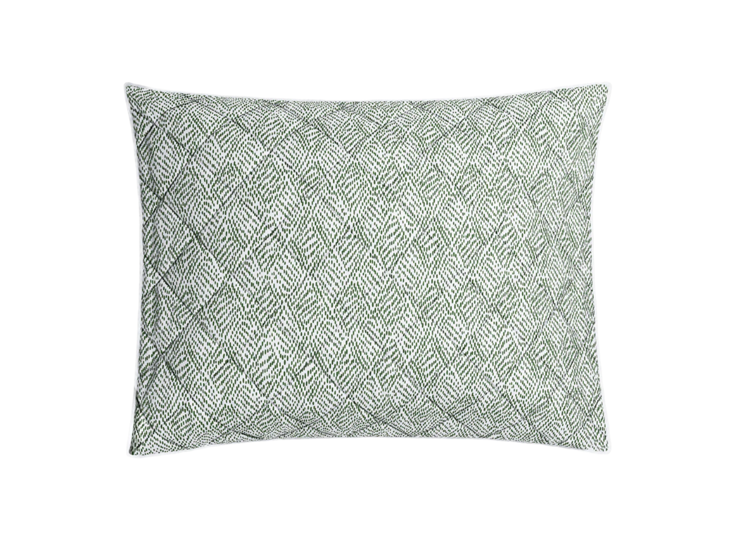 The Matouk Duma Diamond Bedding Collection in Grass features a square pillow with a green and white geometric pattern, crafted from soft Egyptian cotton percale. OEKO-TEX® certified for safety and comfort; shown on a white background.