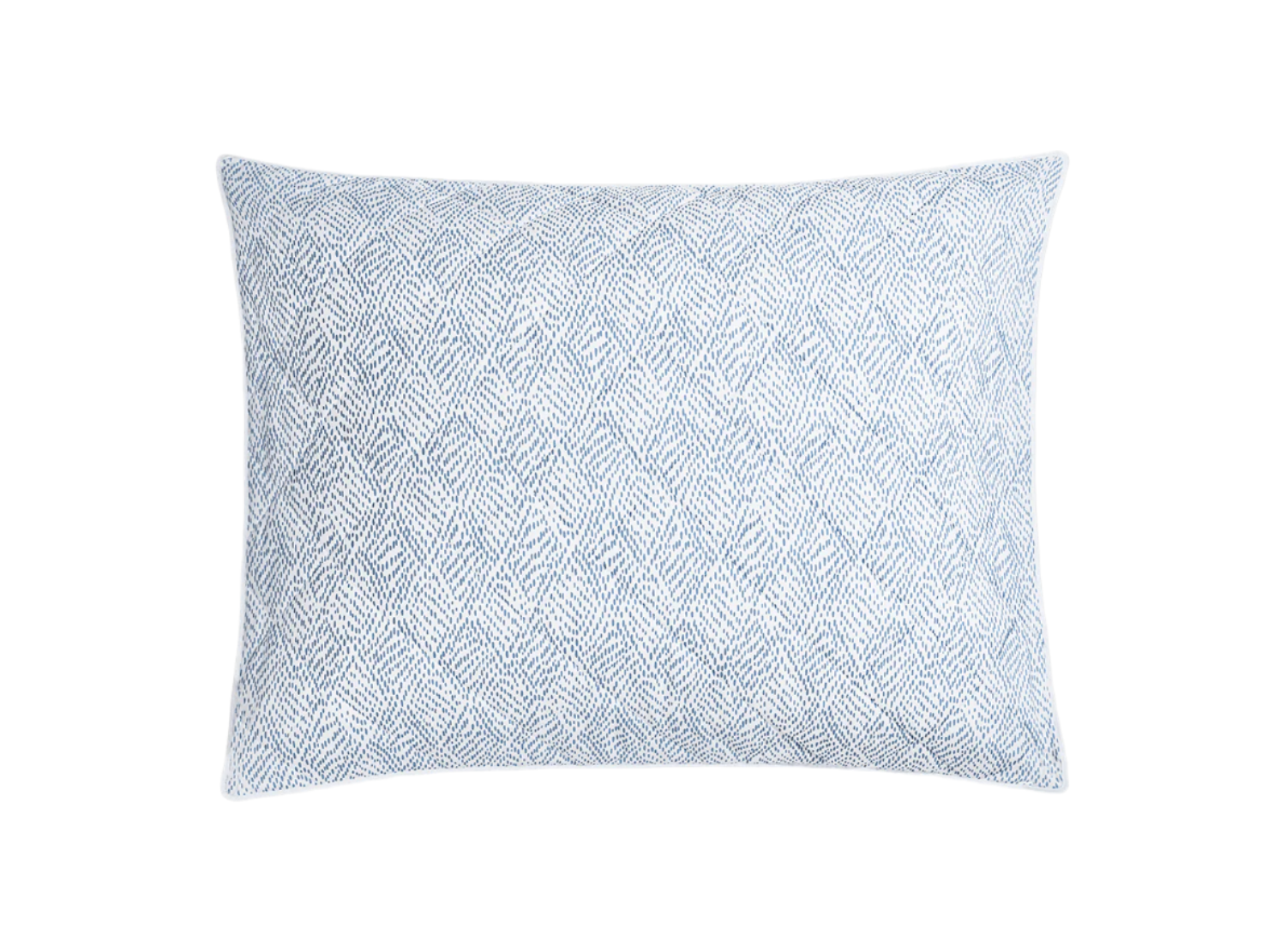 Square pillow from the Matouk Duma Diamond Bedding Collection, Sky, crafted by Matouk with a light blue herringbone pattern in luxurious Egyptian cotton percale for a soft touch, and accented by black piping along the edges.