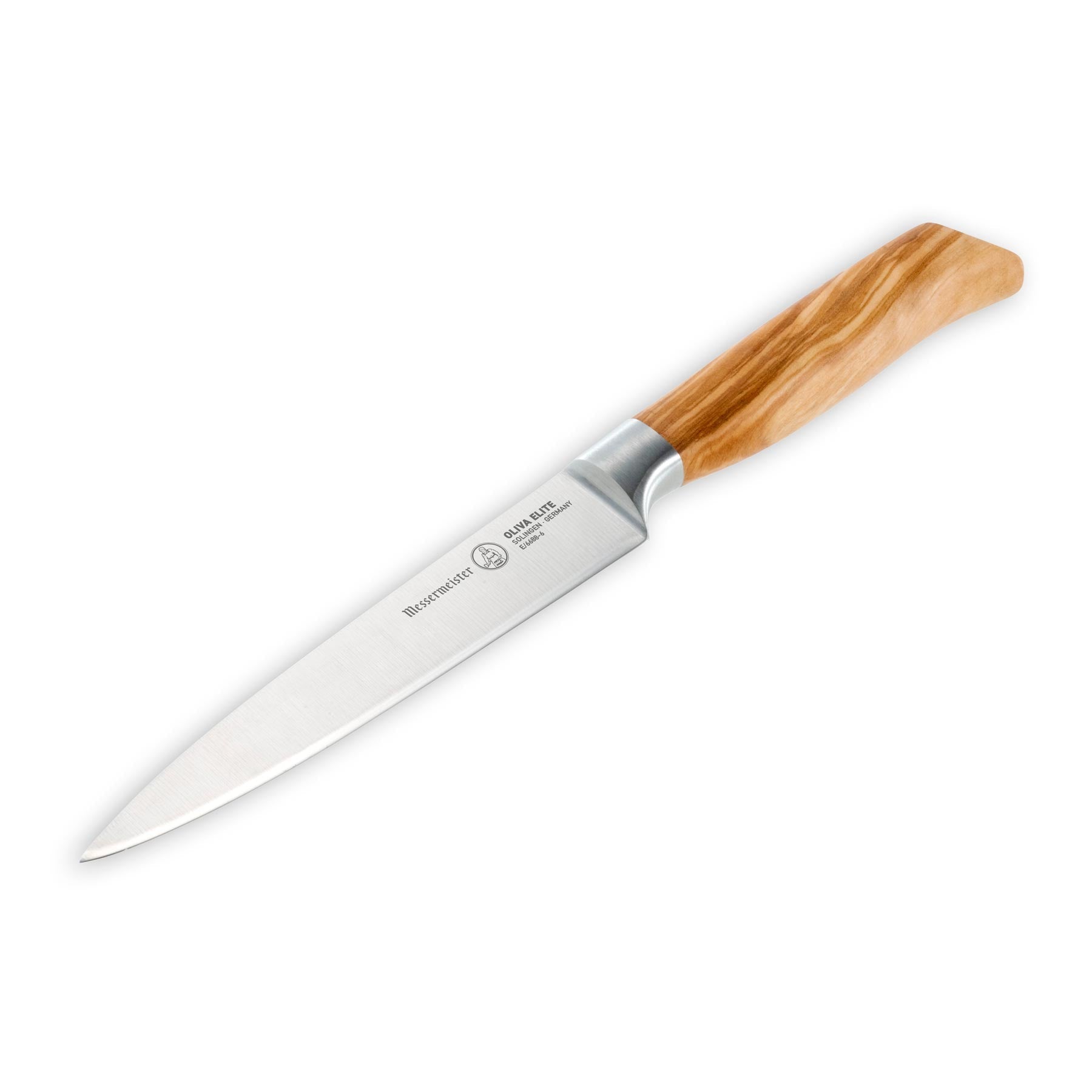 The Messermeister Oliva Elite Knife Starter Set, 3-Piece, features sharp stainless blades and light brown wooden handles. Expertly crafted in Solingen, Germany, the set is displayed on a white background.