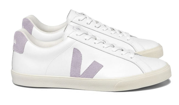 A Veja Women's Esplar Leather Sneaker with white leather and purple accents, perfect for trainers.