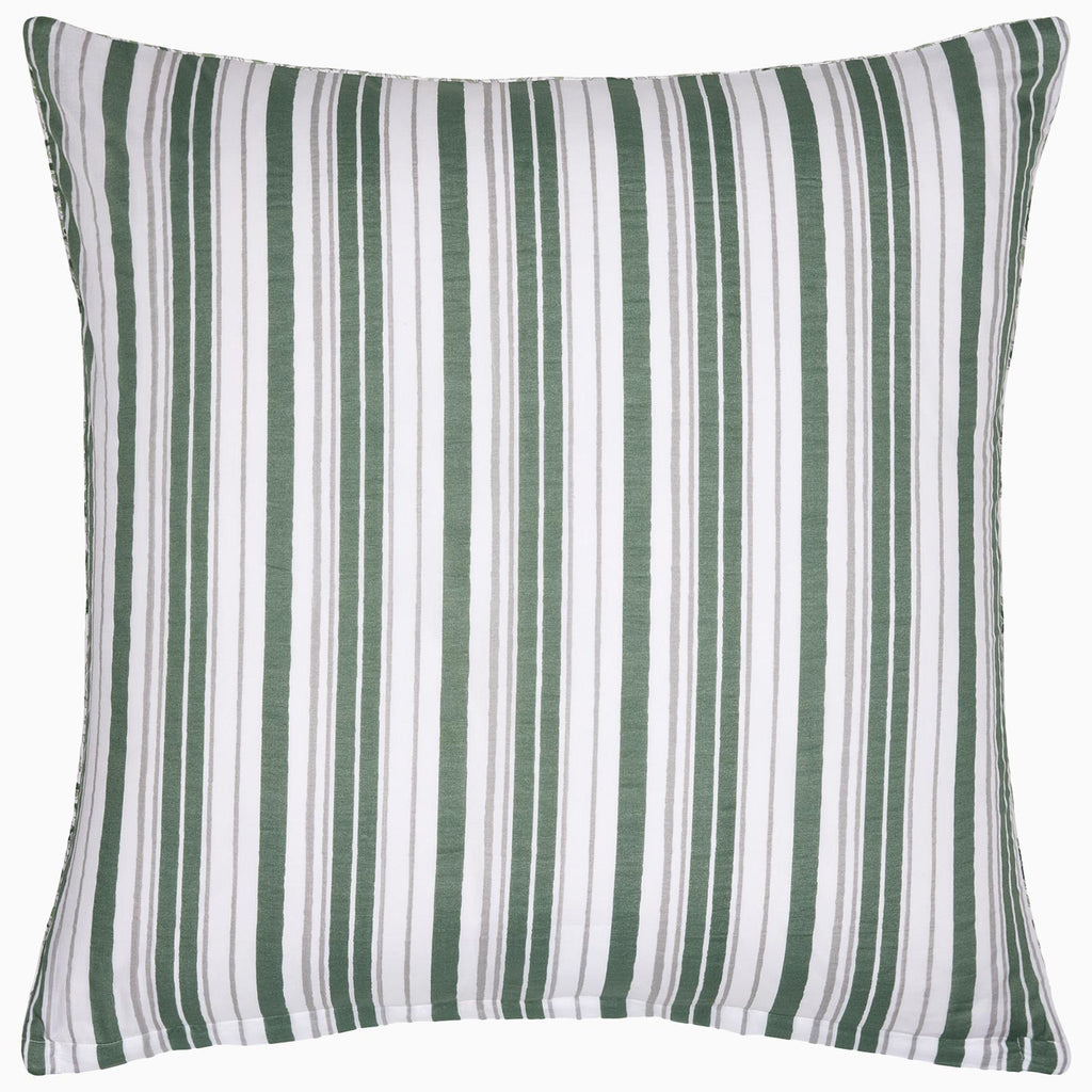 Introducing a square cushion from the John Robshaw Lina Sage Bedding Collection, featuring green and white vertical stripes and crafted from soft cotton voile.