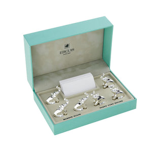 A turquoise "Ercuis" box contains the Elephant Placecard Holder Set—6 silver, animal-shaped holders with blank cards—unique table accessories to elevate your setting.