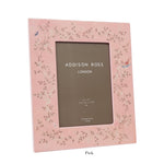 Addison Ross Chinoiserie Frame Collection features a pink floral design with high glass lacquer, a 5" x 7" placeholder, and "London" and "Established 1978" details, elegantly complementing the gray background.