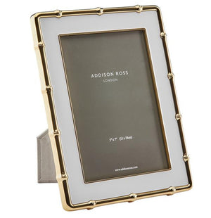 Addison Ross Gold and White Bamboo Frame, 5 x 7, features a bamboo-style border with a luxe gray velvet easel back for upright display.
