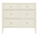The Jarin Dresser Collection by Made Goods features a white wooden linen dresser with four drawers, gold hexagonal handles, and tapered legs, highlighting quality craftsmanship against a plain background.