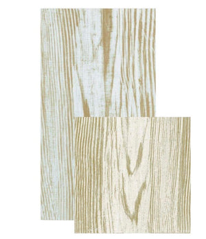 The Caspari Faux Bois Birch Paper Linen Collection features two rectangular panels with beige and off-white wood grain patterns, offering a compostable, paper linen look displayed elegantly on a white background.