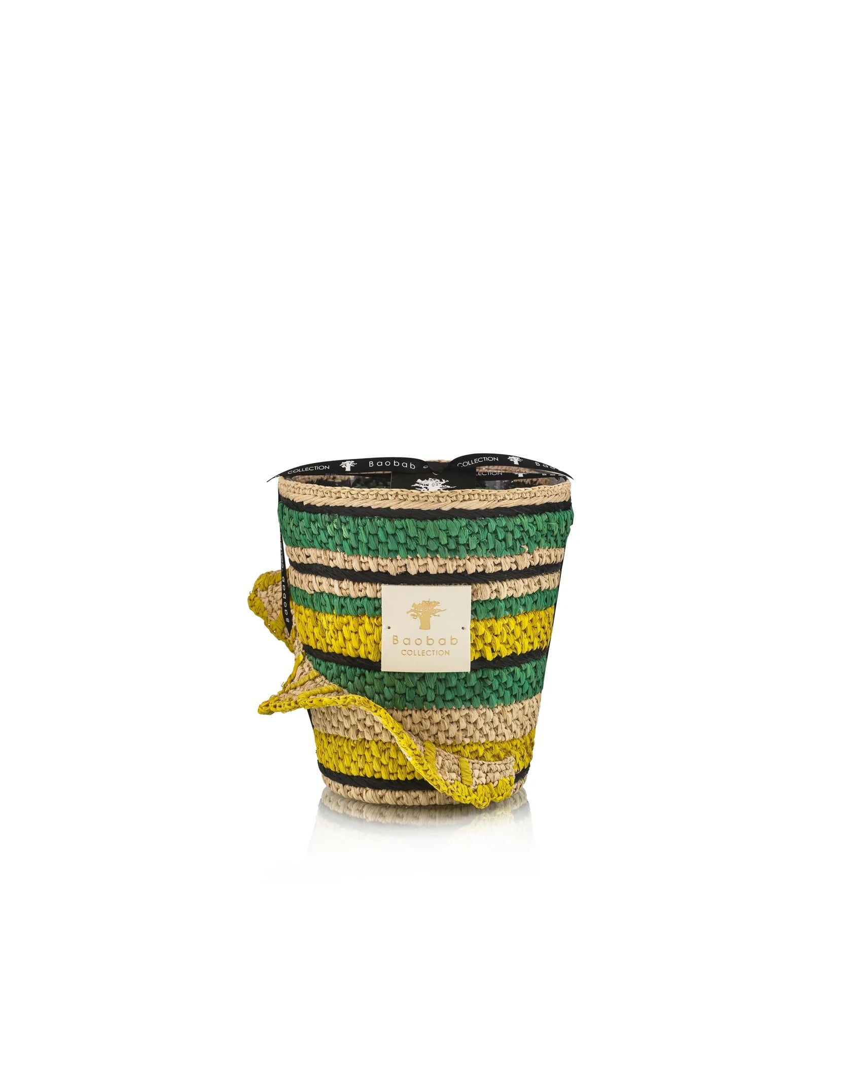The Baobab Collection Fety Milalao Candle by Baobab features a woven, multicolored striped cover in green, yellow, and tan hues and is infused with a soothing ylang-ylang scent.