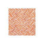 The Fretwork Collection by Caspari features a square tile with an orange and white geometric pattern of interlocking, textured lines on a white background, inspired by the durable design of eco-friendly napkins.
