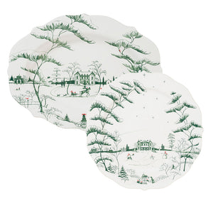 Set of two white scalloped stoneware plates from the Juliska Country Estate Winter Frolic Evergreen Dinnerware Collection, featuring green pastoral scenes—ideal for festive gatherings.