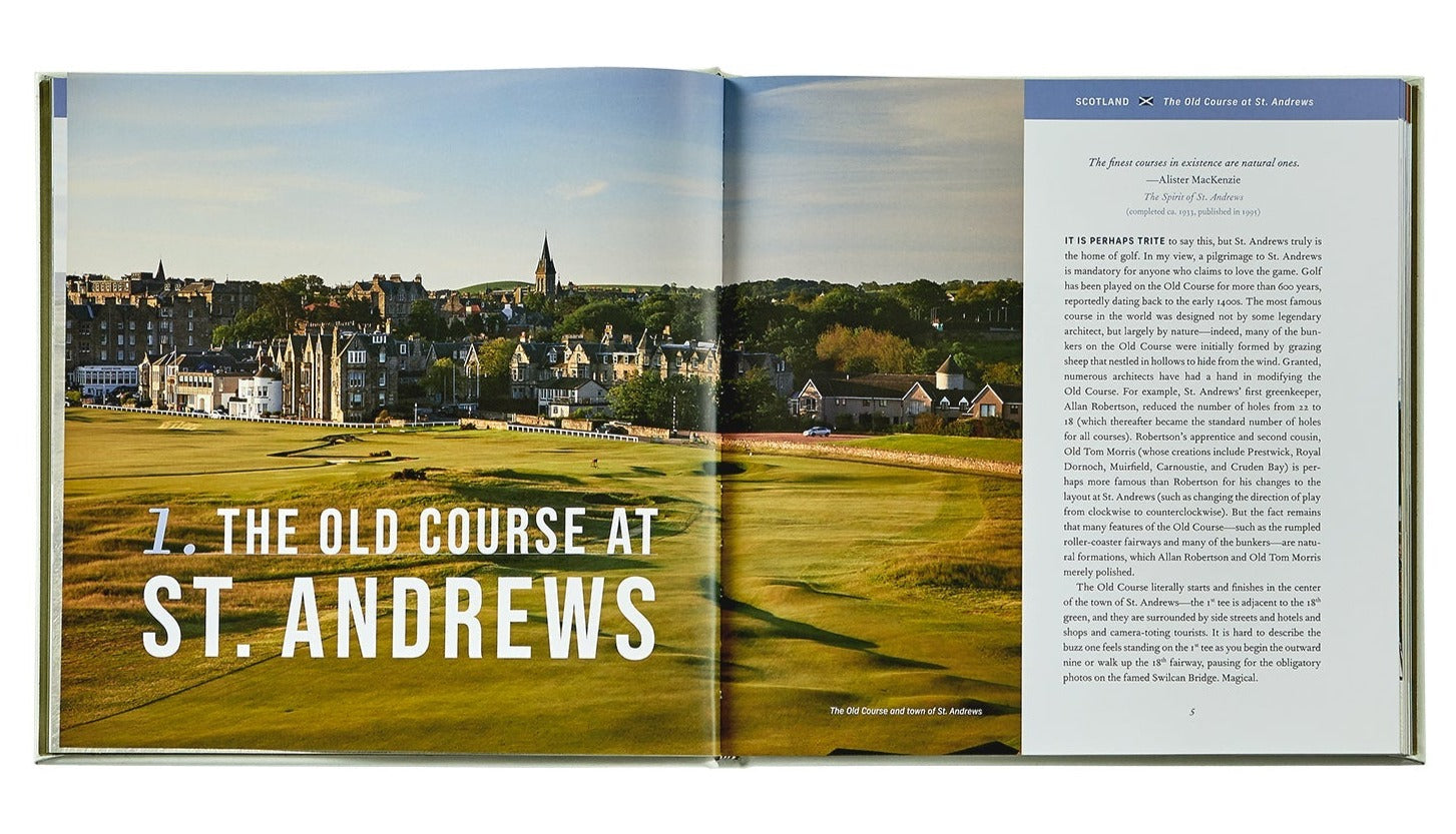 A book, "Golfing the British Isles" by Graphic Image, features an image of The Old Course at St. Andrews on the left and text about this renowned golf course on the right under a header.