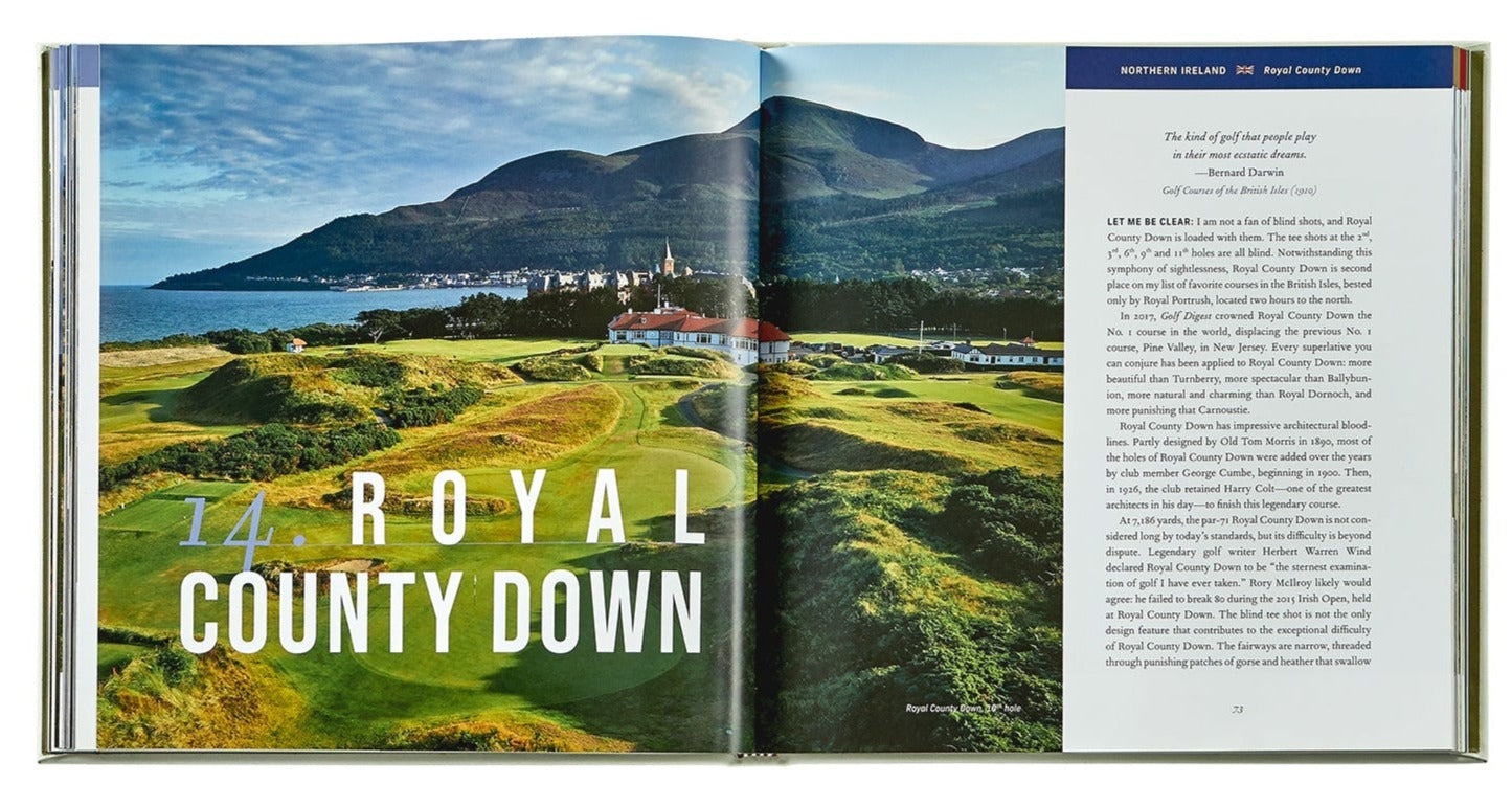 Golfing the British Isles" by Graphic Image features an open book highlighting the Royal County Down, renowned among top courses, with a stunning coastal landscape on the left and descriptive text on the right.