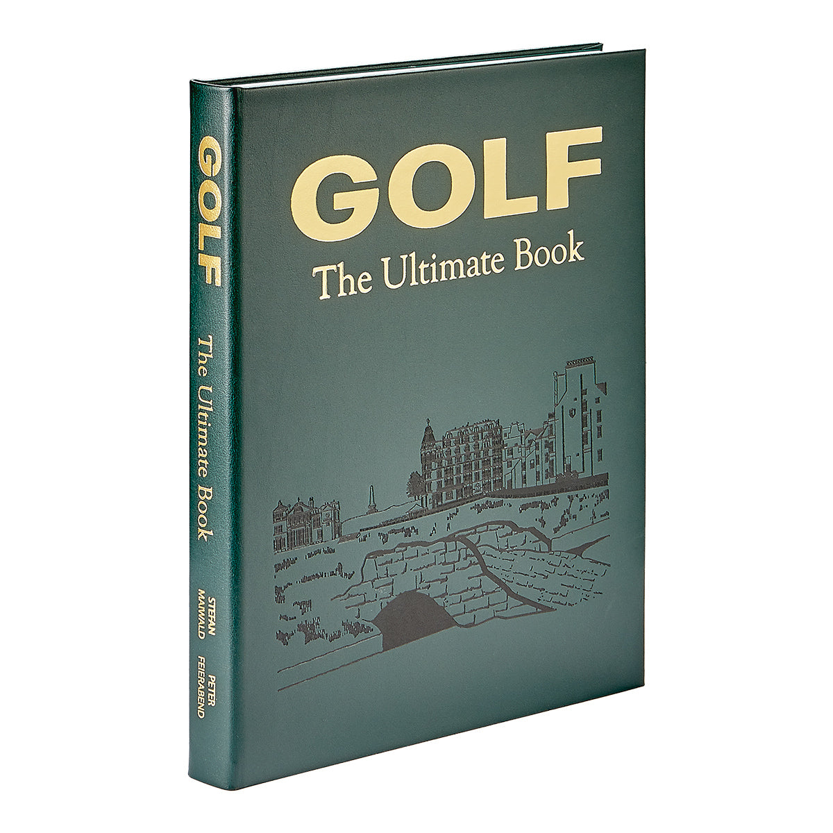 Green hardcover "Golf: The Ultimate Book" by Graphic Image, showcasing a detailed golf course and buildings illustration on the cover. Discover elegant golf layouts and exclusive destinations, beautifully portrayed in its pages.