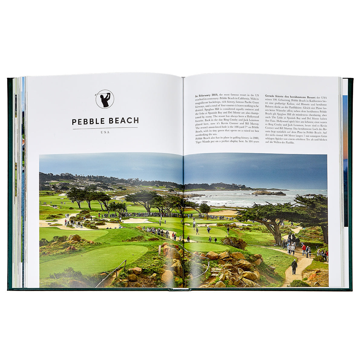 In "Golf: The Ultimate Book" by Graphic Image, a page on Pebble Beach reveals a scenic golf course with the ocean backdrop, highlighting this luxury destination as perfect for an unforgettable golfing holiday.