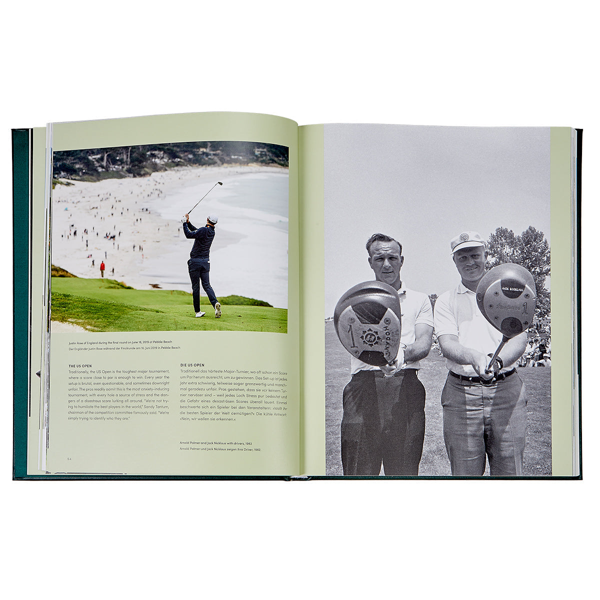 In "Golf: The Ultimate Book" by Graphic Image, one page showcases a golfer swinging on a luxury coastal course, while the other features two men holding branded golf balls, symbolizing exclusive golfing holidays.