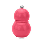 A glossy, double-sphere-shaped mill from the Addison Ross Chubbie Salt and Pepper Mill Collection in pink, featuring a high gloss lacquer finish and a silver cap, labeled "Watermelon.