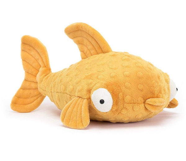 Gracie Grouper Fish, a yellow fish stuffed toy by Jellycat, on a white background.