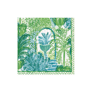 Caspari’s Garden Arbors Collection features eco-friendly napkins with blue and green arched trellis designs, potted plants, and lush foliage—perfect for enhancing any fresh, natural setting.