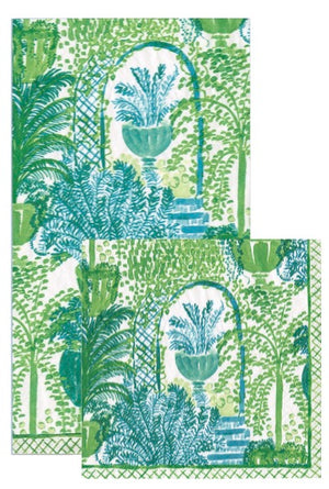 Two biodegradable napkins from Caspari’s Garden Arbors Collection feature green and blue botanical garden designs with potted plants, arches, and leafy patterns—ideal for eco-friendly table settings.