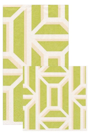 Two rectangular biodegradable napkins from Caspari’s Garden Gate Grass Collection, featuring a geometric pattern of intersecting white and beige lines on a light green background. The smaller napkin partially overlaps the larger one.