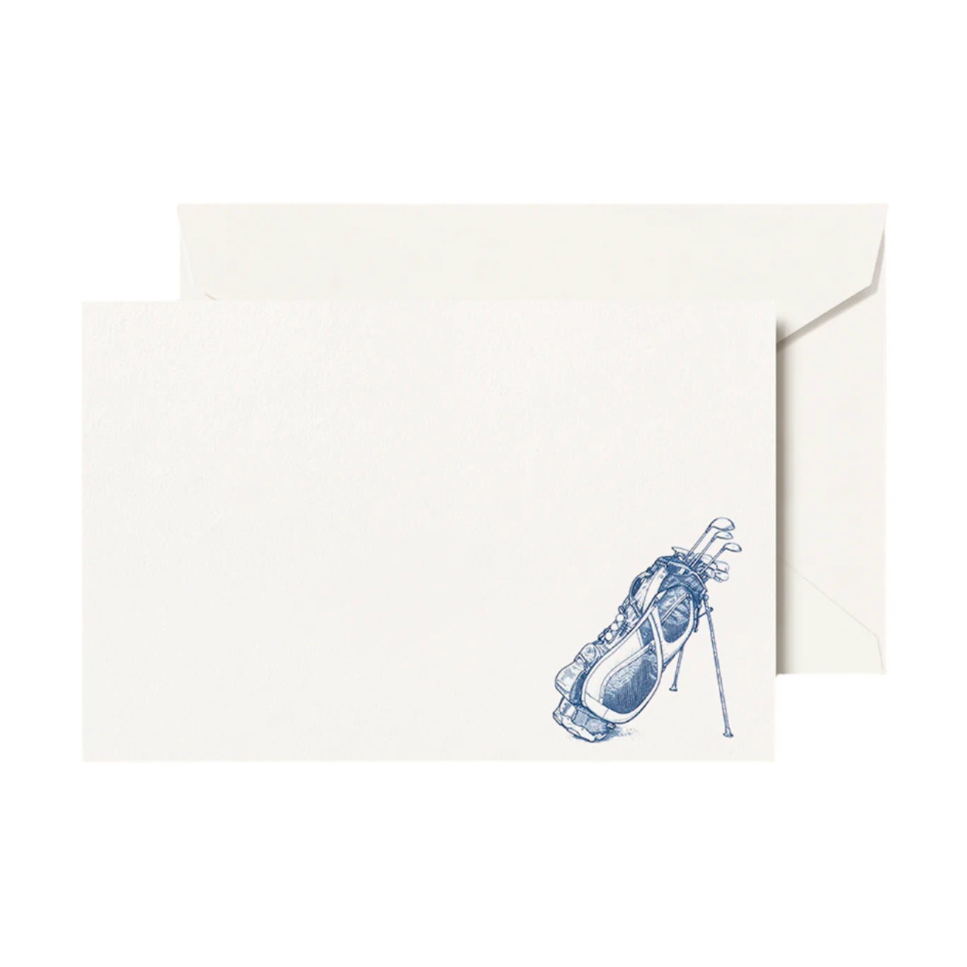 The Crane Navy Golf Club Flat Note Card Set features an elegant, engraved golf bag on heavyweight all-cotton paper. Paired with an envelope, it showcases raised engraving for added sophistication.