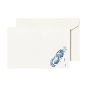The Crane Navy Golf Club Flat Note Card Set features an elegant, engraved golf bag on heavyweight all-cotton paper. Paired with an envelope, it showcases raised engraving for added sophistication.