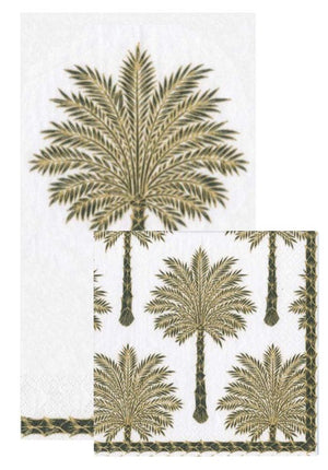 Two black triple-ply napkins by Caspari, featuring green palm tree designs and a decorative border—Grand Palms Black adds stylish, eco-friendly flair to any occasion.