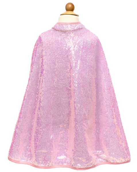 A pink, glittery Great Pretenders Sequins Cape displayed on a mannequin against a white background.