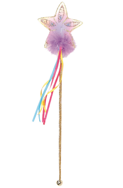 A Great Pretenders Glitter Rainbow Wand Gold with a purple fluffy embellishment and multicolored ribbons attached to the top, set against a white background.