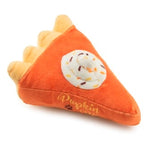 The Pupkin Pie Slice Dog Toy by Haute Diggity Dog is a plush toy shaped like pumpkin pie with an orange body, tan crust, and whipped cream topping—a fun squeaker toy for your pup.