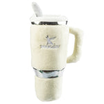 The Haute Diggity Dog Snuggly Pup Plush Toy in Ivory features a cream design with a handle, metallic details, embroidered logo, and includes a matching plush spoon—an adorable, stylish dog toy perfect for playful pups.