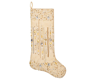 From the Kim Seybert Gilded Sparkle Stocking and Tree Skirt Collection, this cream Christmas stocking features gold, silver, and clear beadwork—ideal for metallic holiday décor or champagne-toned tree skirts.
