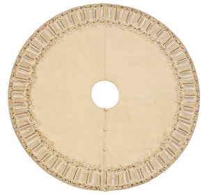 The Kim Seybert Gilded Sparkle Stocking and Tree Skirt Collection features a circular, cream champagne tree skirt with beadwork, three buttons, and luxe details—perfect for metallic holiday décor.