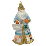 Add a festive touch to your tree with the Hive Santa Custom Ornament by Joy To The World Collectibles, Inc., featuring Santa in a blue and gold robe with beach motifs, holding an orange and a "HIVE" bag. Perfect for handmade ornament fans!.