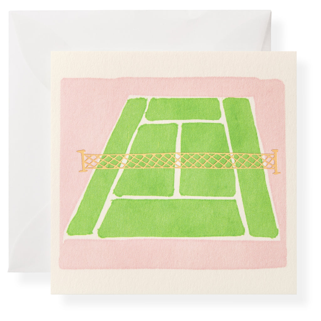 Karen Adams Tennis Club Gift Enclosures feature a green tennis court with a yellow net on a pink background and include a white envelope—ideal for gift enclosures or as stylish blank cards for any occasion.