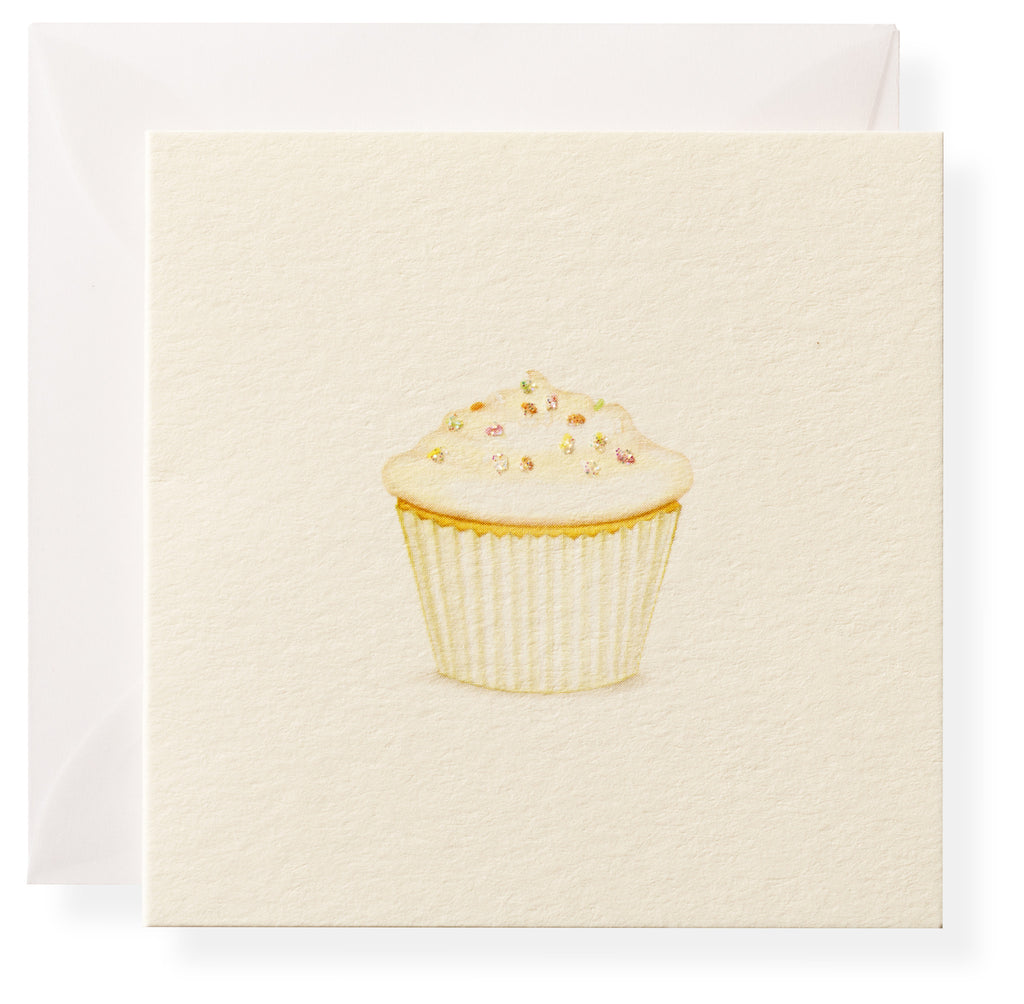 The Karen Adams Flour Shoppe Gift Enclosures feature a square cream card with a cupcake topped with white frosting and colorful sprinkles, set against a plain background, accompanied by a partially visible envelope.