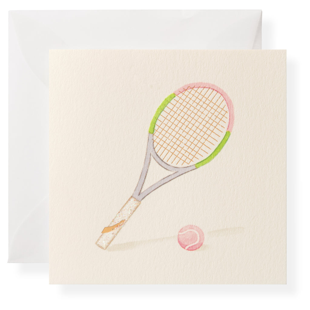 The Karen Adams Tennis Club Gift Enclosures feature an illustration of a tennis racket and pink ball on a cream square card, paired with a white envelope.