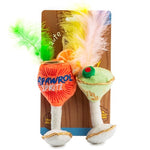 The Kitty Cocktails Catnip Toys by Haute Diggity Dog feature two colorful, drink-shaped plush cat toys with embroidery and feathers, attached to a brown backing—perfect for playful feline fun.