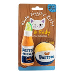 The Haute Diggity Dog Kitty Purrona Catnip Toys include two plush cat toys shaped like a beer bottle and can, both labeled "Purrom" and filled with organic catnip. Packaged on a branded card for extra fun at playtime.